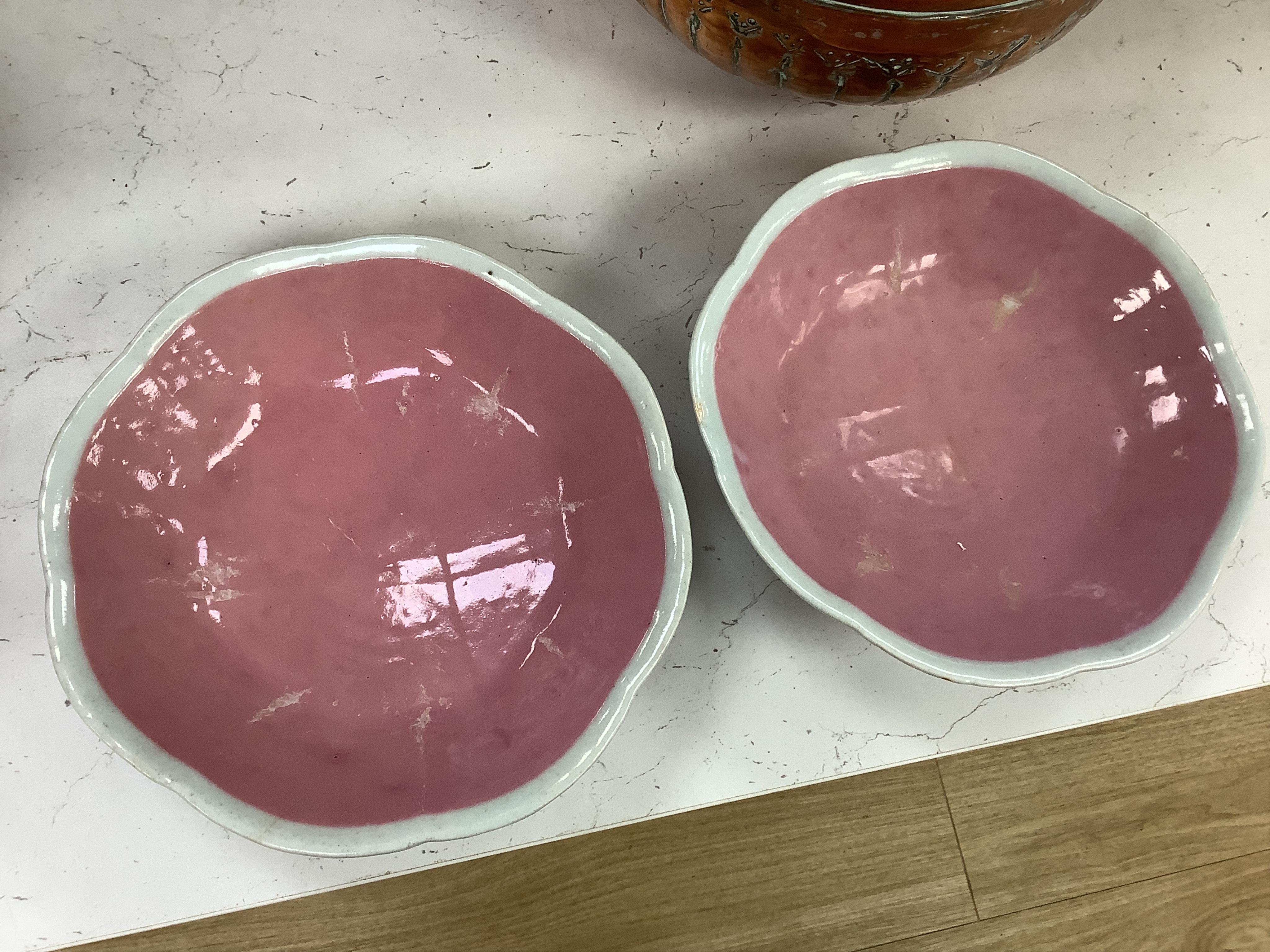 Three Chinese dishes, a famille rose stem cup, two hardstone plants and a soapstone dish